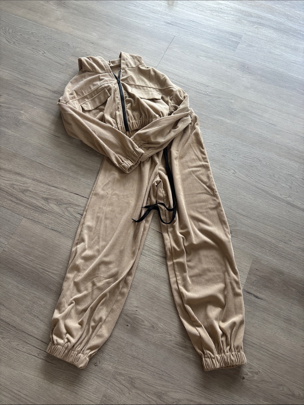 SHEIN Beige Utility Track Jumpsuit with Front Zip